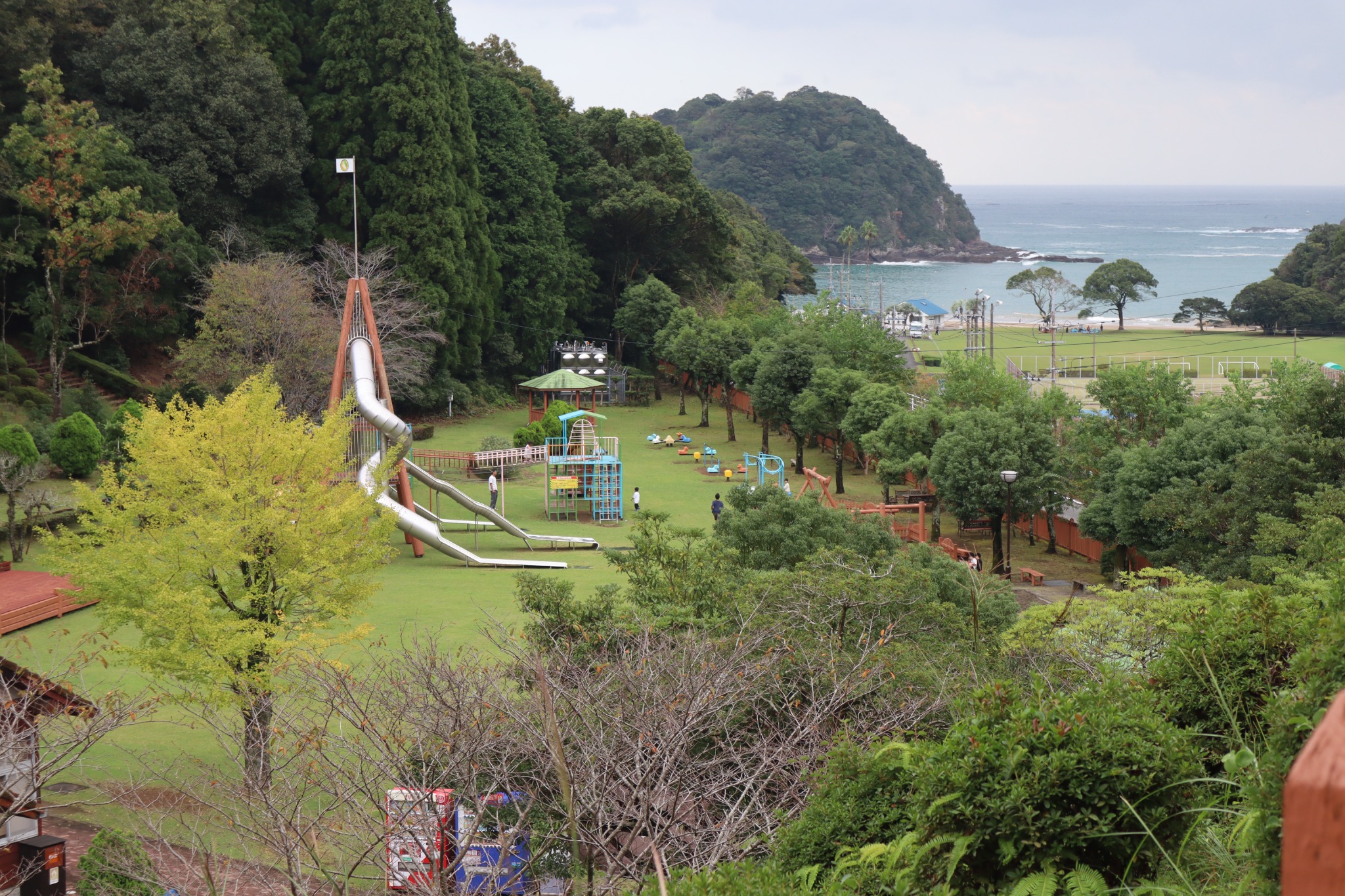 高台から見下ろすビーチの森と海
